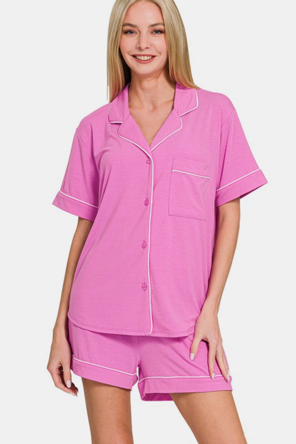 Zenana Button Down Short Sleeve Top and Shorts Lounge Set - felvior