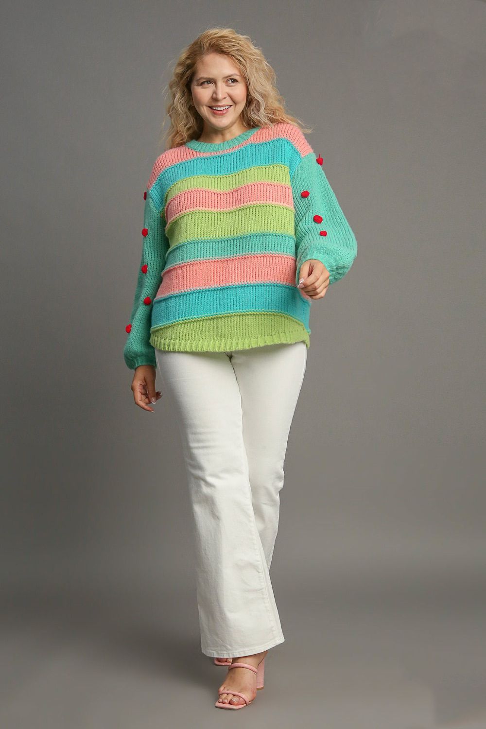 Umgee Full Size Color Block Cable Knit Sweater with Pom Pom Plus Size - felvior