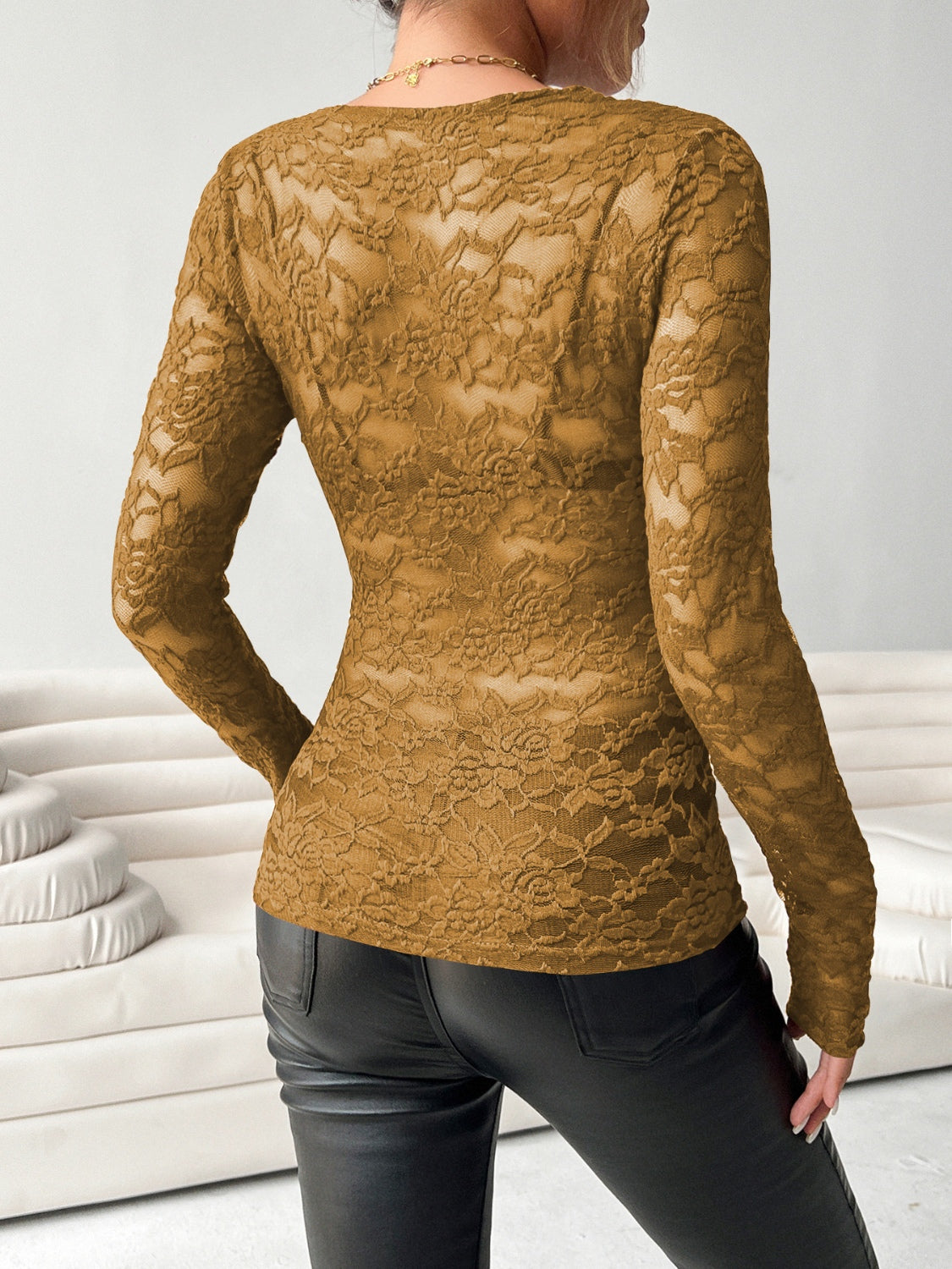 V-Neck Long Sleeve Lace Top - felvior