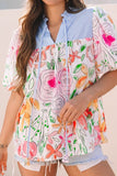 Floral Striped Yoke Frilled Tie Neck Puff Short Sleeve Blouse - felvior