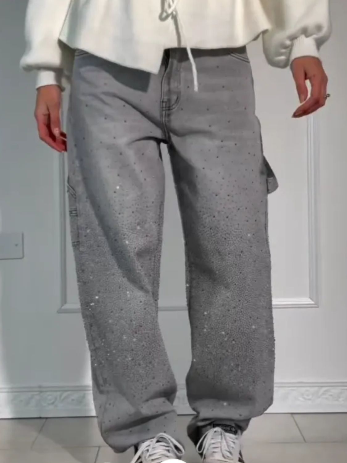 Full Size Washed Rhinestone Detail Wide leg Jeans Plus Size