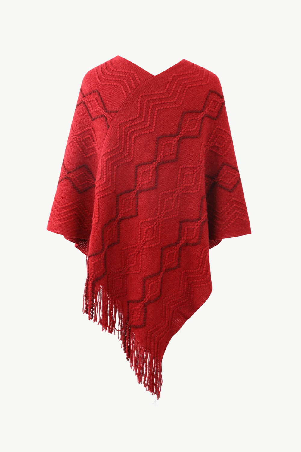 Pearl Trim V-Neck Fringe Hem Poncho - felvior