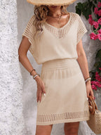 Openwork V-Neck Short Sleeve Cover-Up Dress