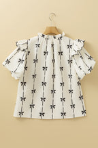 Bow Print Tie Neck Short Sleeve Blouse