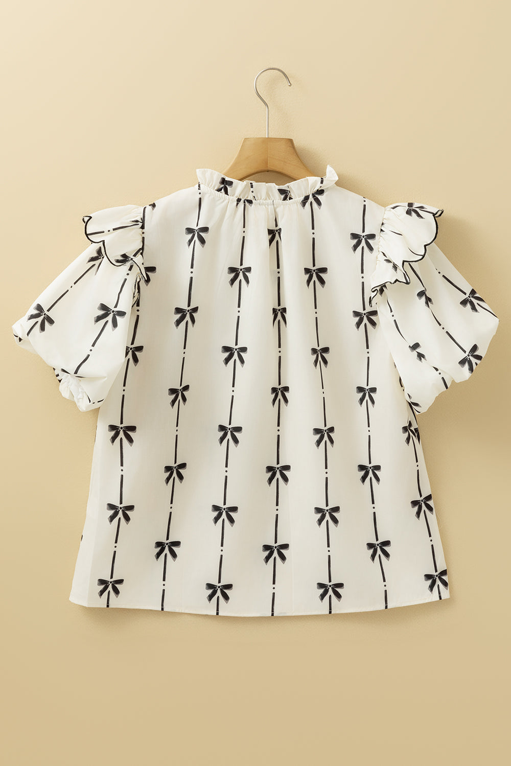 Bow Print Tie Neck Short Sleeve Blouse