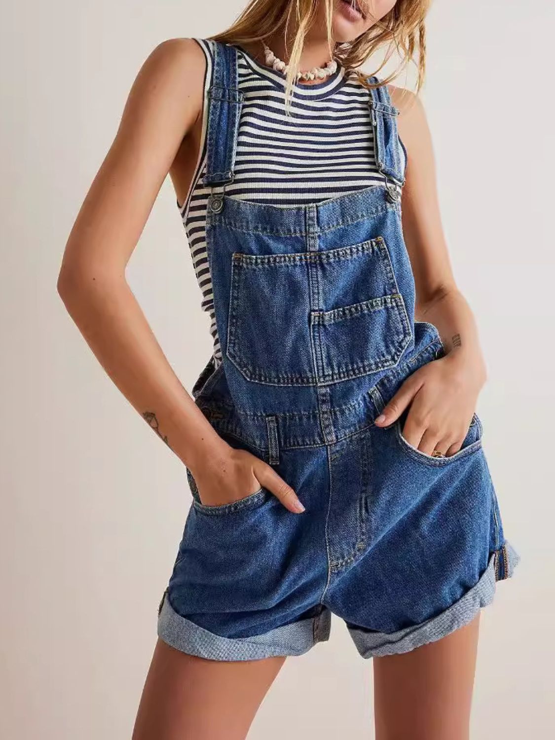 Wide Strap Square Neck Denim Overalls Hauptbild