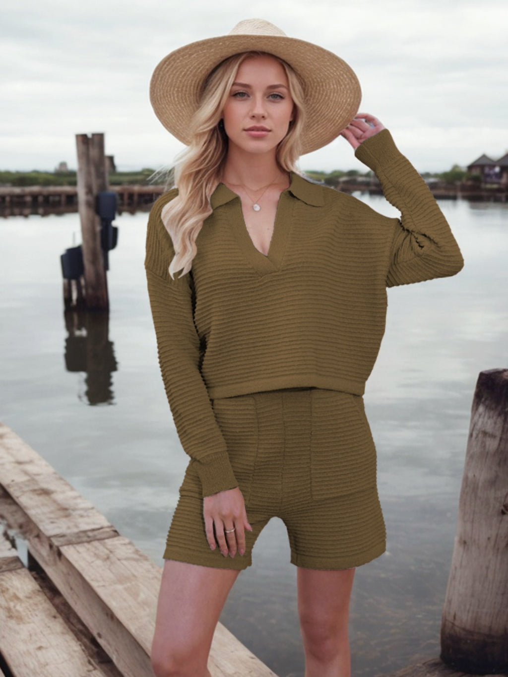 Johnny Collar Long Sleeve Top and Shorts Sweater Set