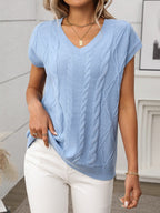 Cable-Knit V-Neck Short Sleeve Knit Top