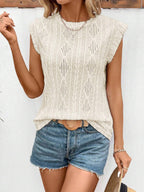Eyelet Round Neck Cap Sleeve Top