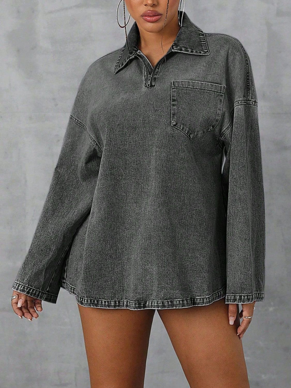 Collared Neck Drop Shoulder Denim Top - felvior