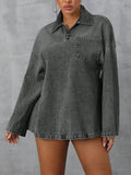 Collared Neck Drop Shoulder Denim Top - felvior