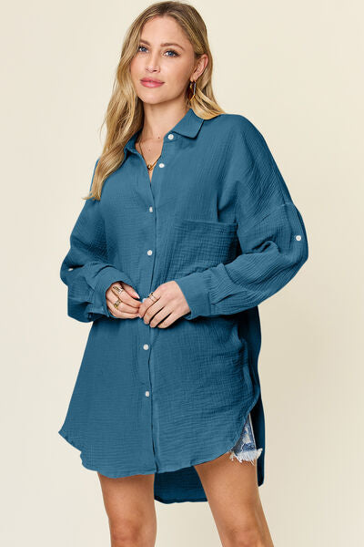 Double Take Full Size Pocketed Texture Button Up Shirt - felvior