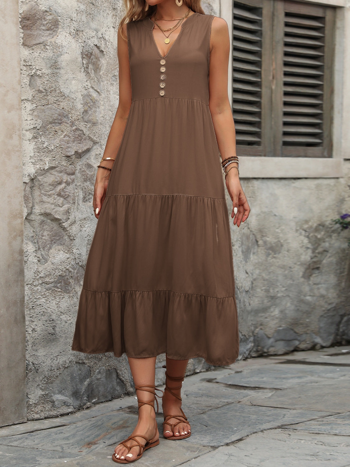 Ivy Lane Decorative Button Notched Sleeveless Dress - felvior