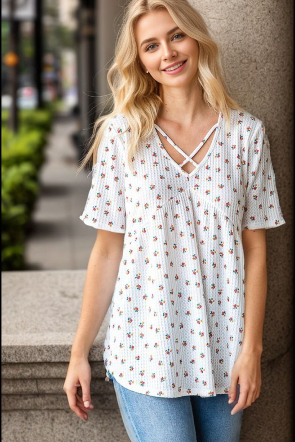 Heimish Full Size Crisscross Ditsy Floral Babydoll Top Plus Size - felvior