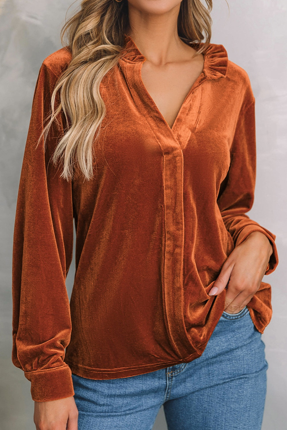 Notched Frill Detail Long Sleeve Blouse - felvior