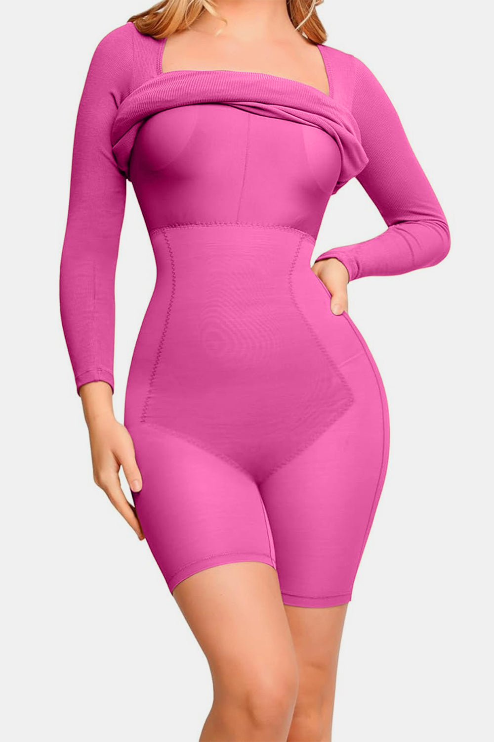 Basic Bae Full Size Built-In Shapewear Square Neck Long Sleeve Dress - felvior