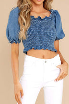 Puff Sleeve Smocked Cropped Denim Top