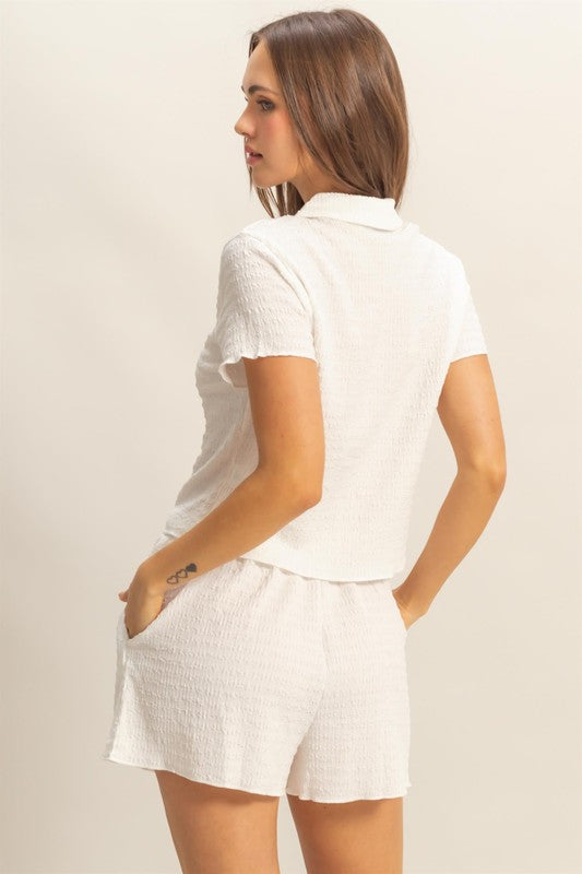 HYFVE Textured Short Sleeve Top and Drawstring Shorts Knit Set