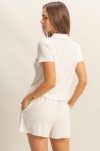 HYFVE Textured Short Sleeve Top and Drawstring Shorts Knit Set
