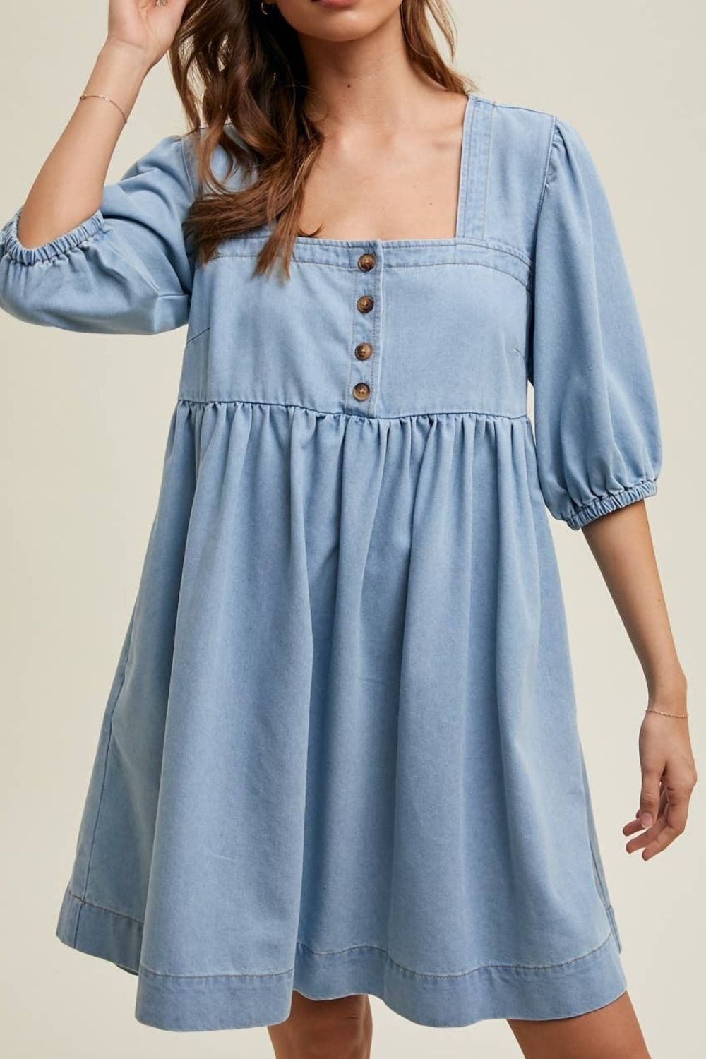 Square Neck Half Sleeve Denim Dress - felvior