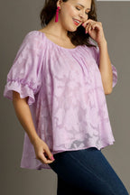 Umgee Full Size Jacquard Round Neck Ruffled Puff Sleeve Blouse Plus Size