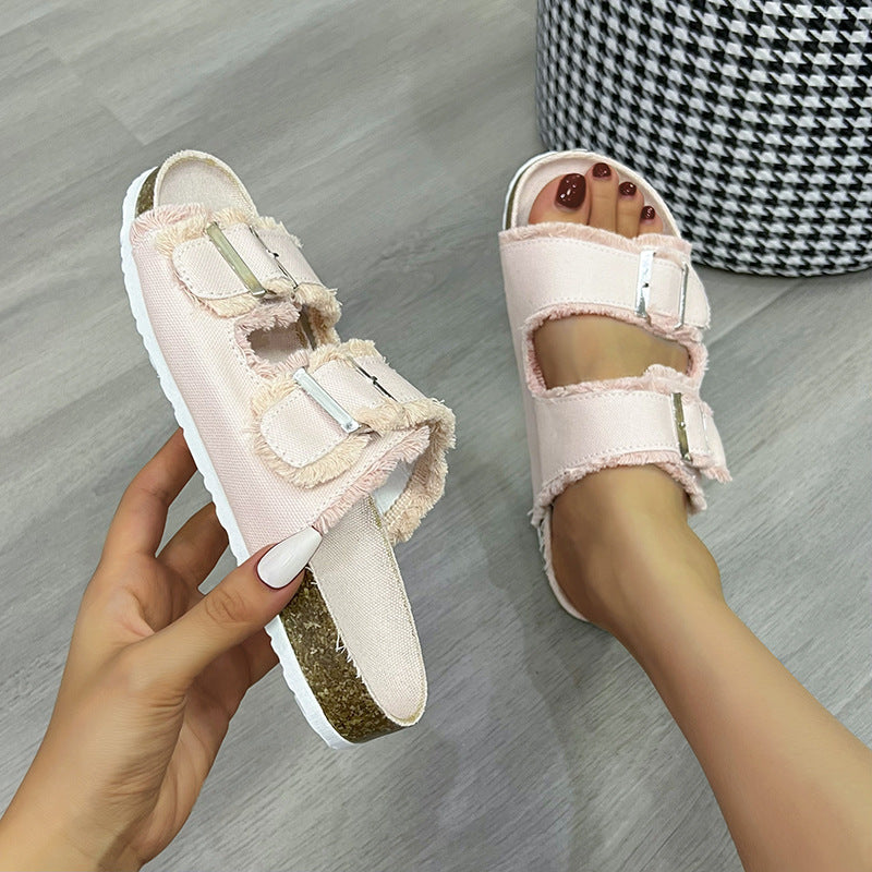 Raw Hem Open Toe Double Buckle Sandals - felvior