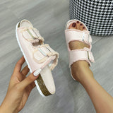 Raw Hem Open Toe Double Buckle Sandals - felvior