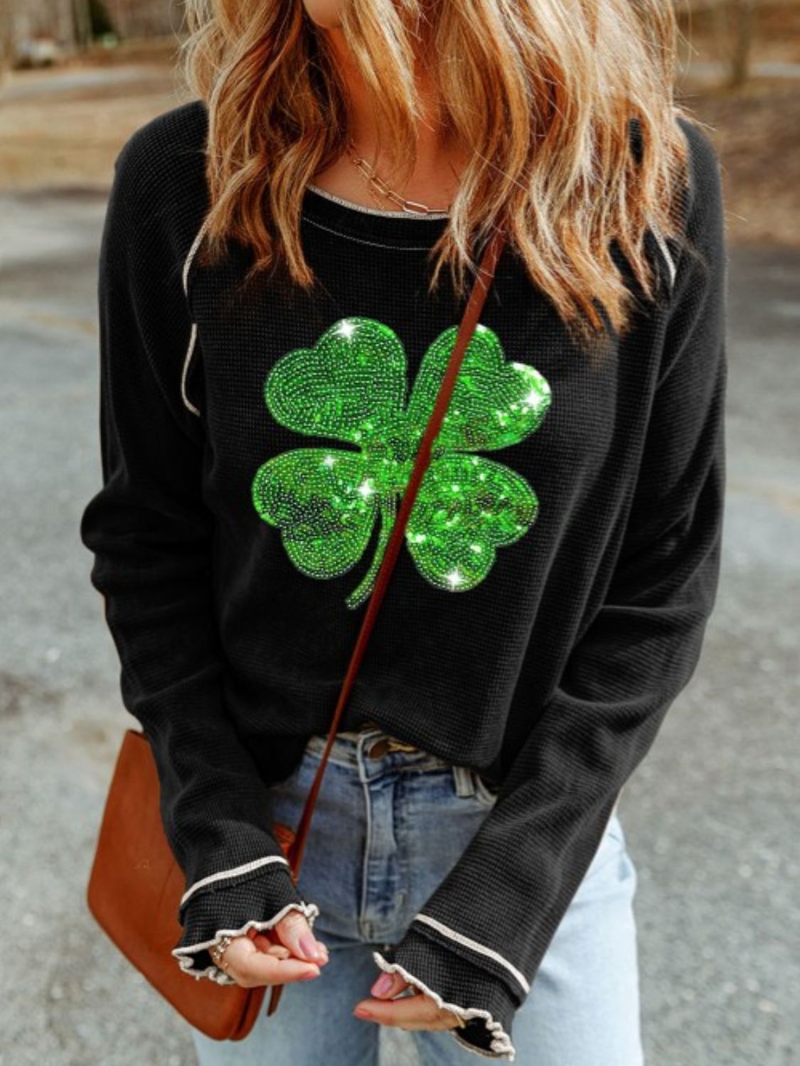 Sequin Lucky Clover Lettuce Trim Long Sleeve Top - felvior