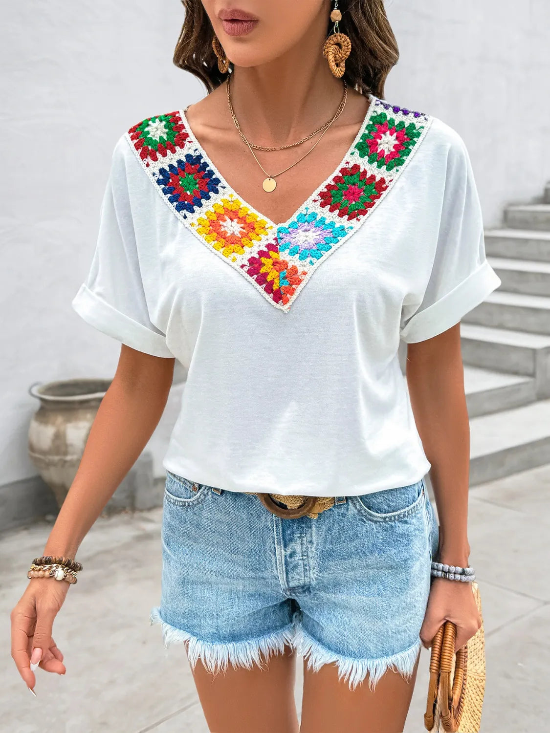 Contrast V-Neck Short Sleeve Top