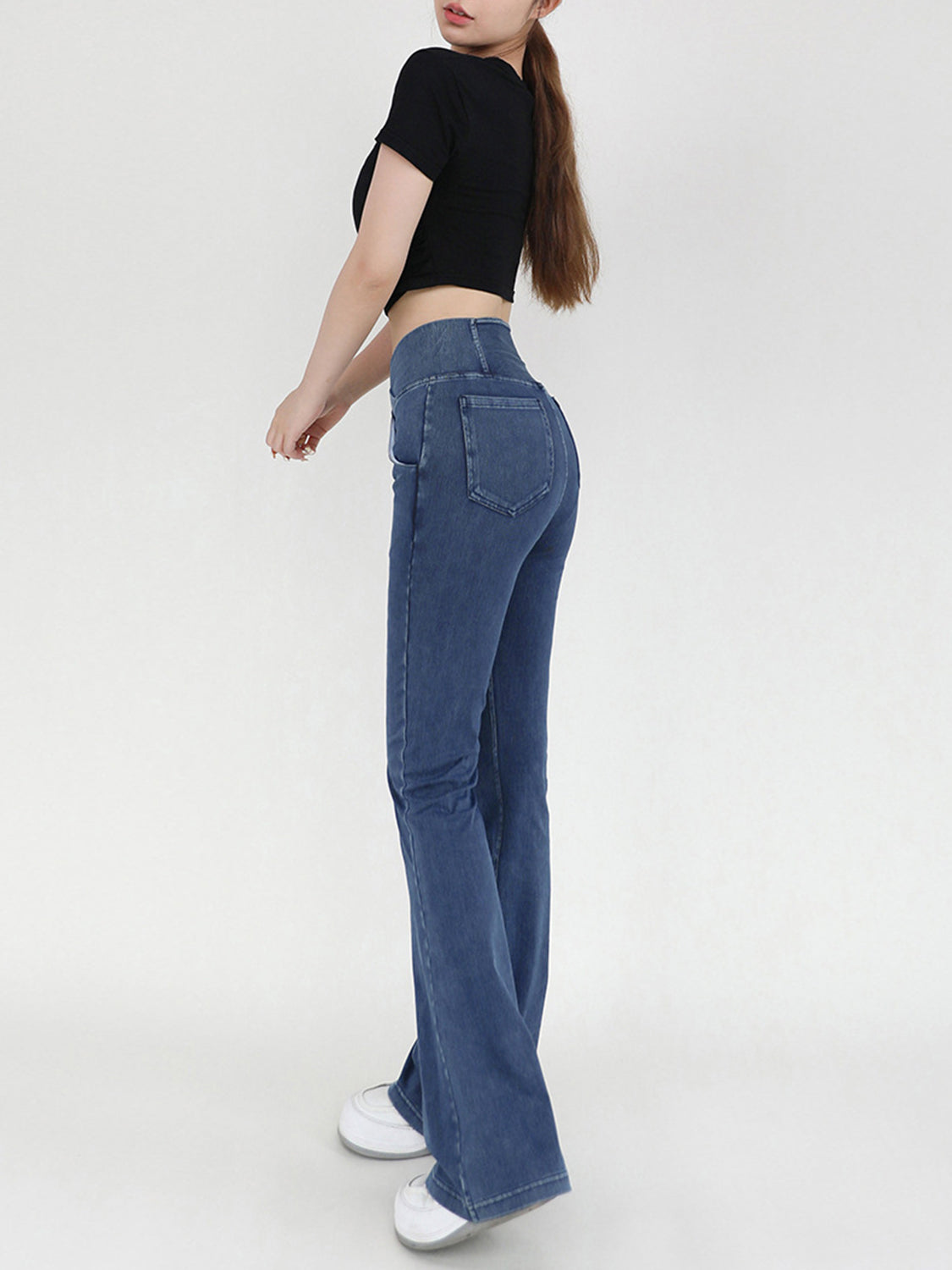 Wide Waistband Bootcut Jeans with Pockets - felvior