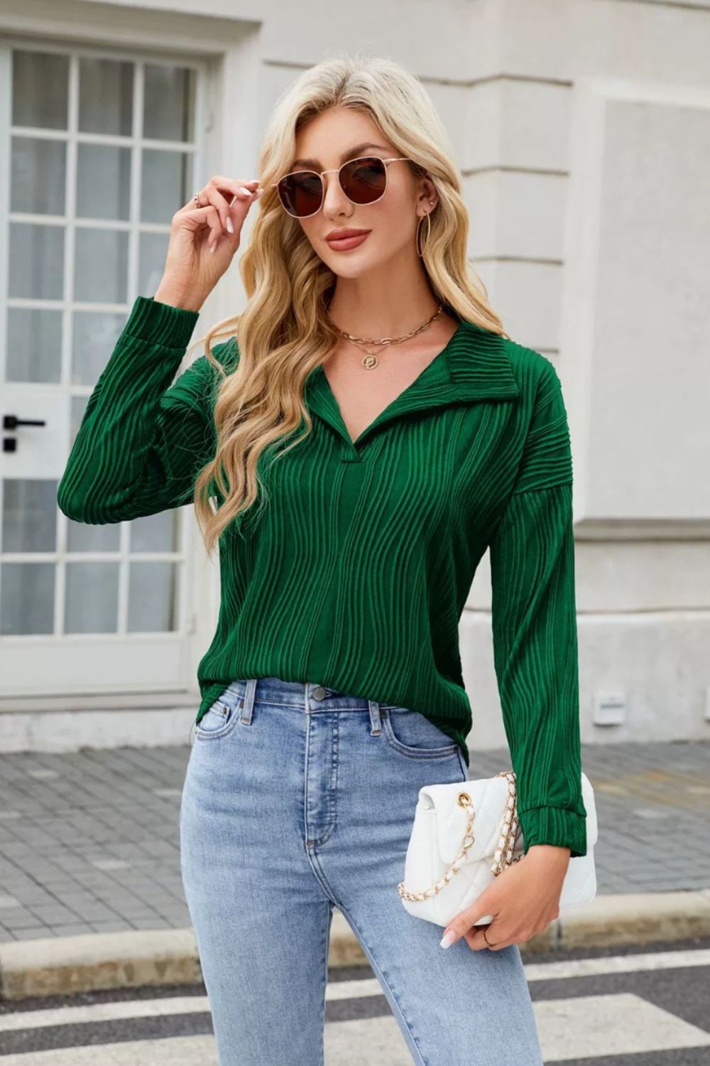 Texture Collared Neck Long Sleeve Blouse Image principale du produit
