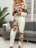 Shiny Printed Round Neck Top and Pants Lounge Set - felvior