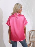Button Down Collared Neck Short Sleeve Satin Shirt
