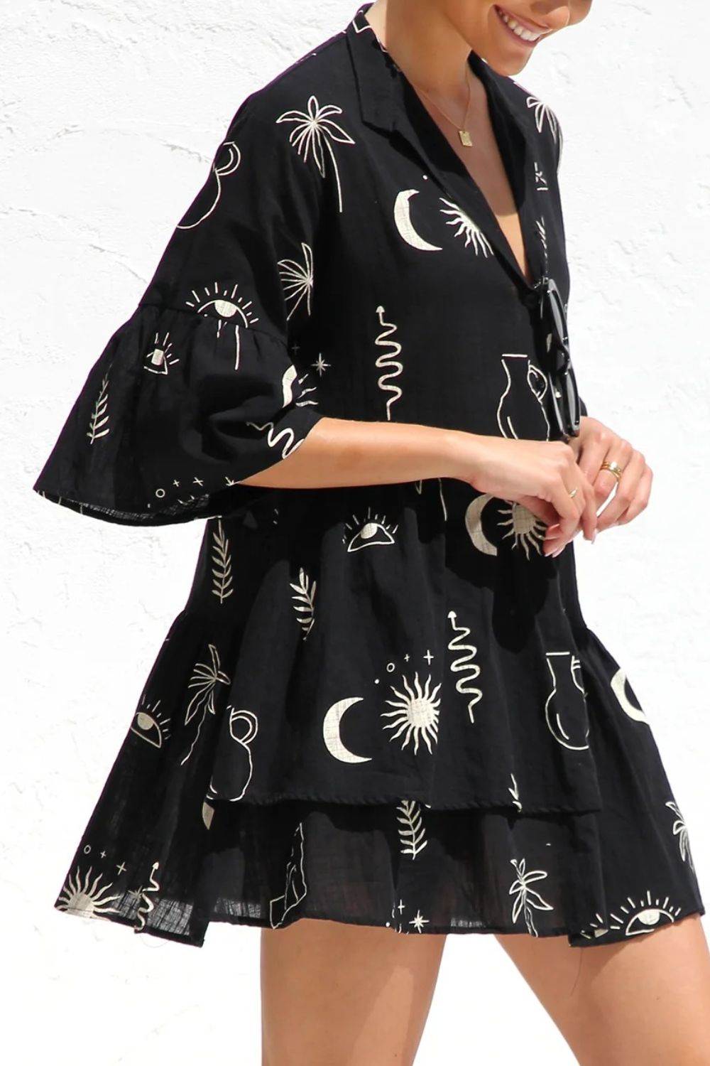 Ruched Printed Three-Quarter Sleeve Mini Dress - felvior