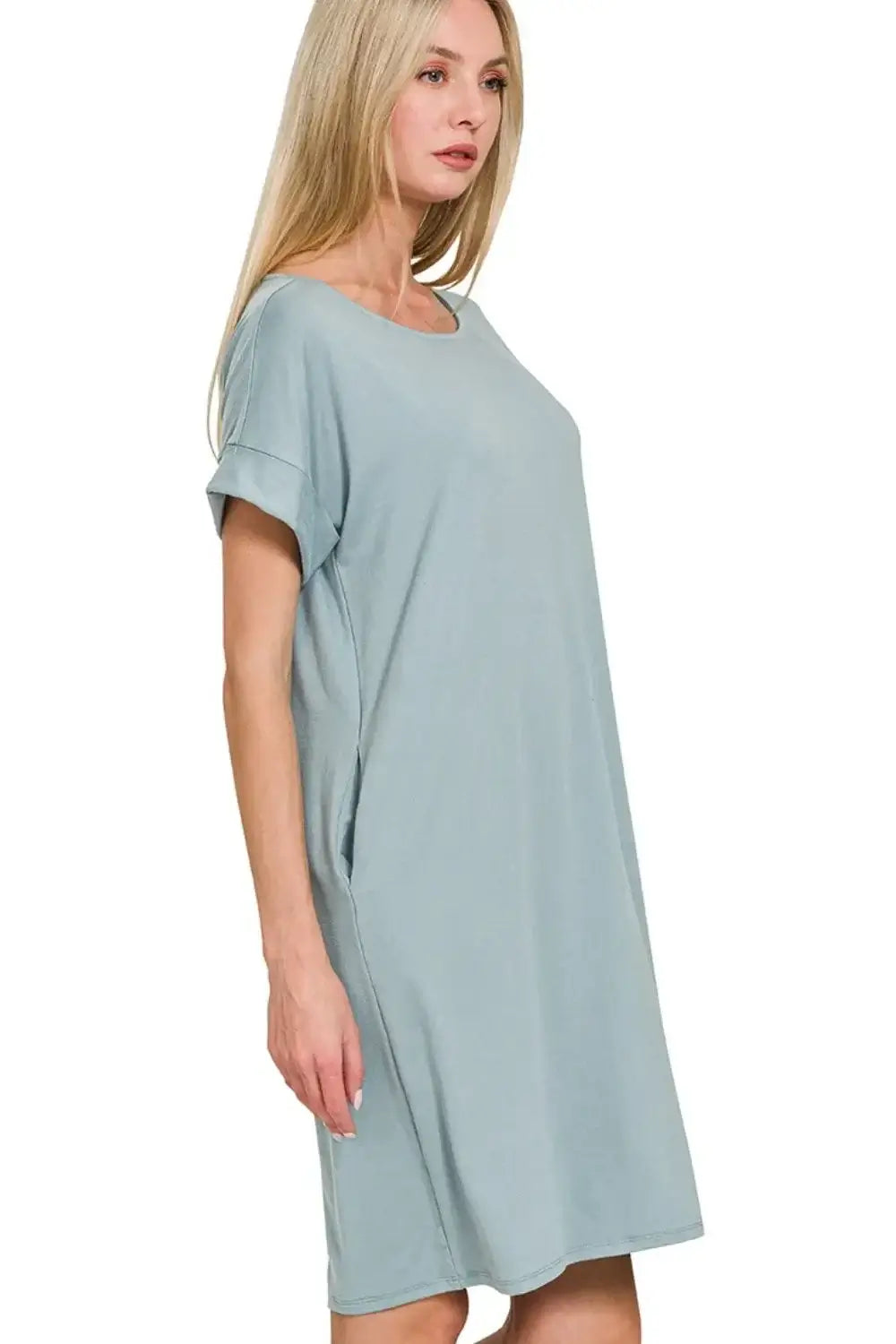 Zenana Rolled Short Sleeve Round Neck Dress