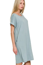 Zenana Rolled Short Sleeve Round Neck Dress