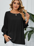 Smocked Lantern Sleeve Round Neck Blouse - felvior