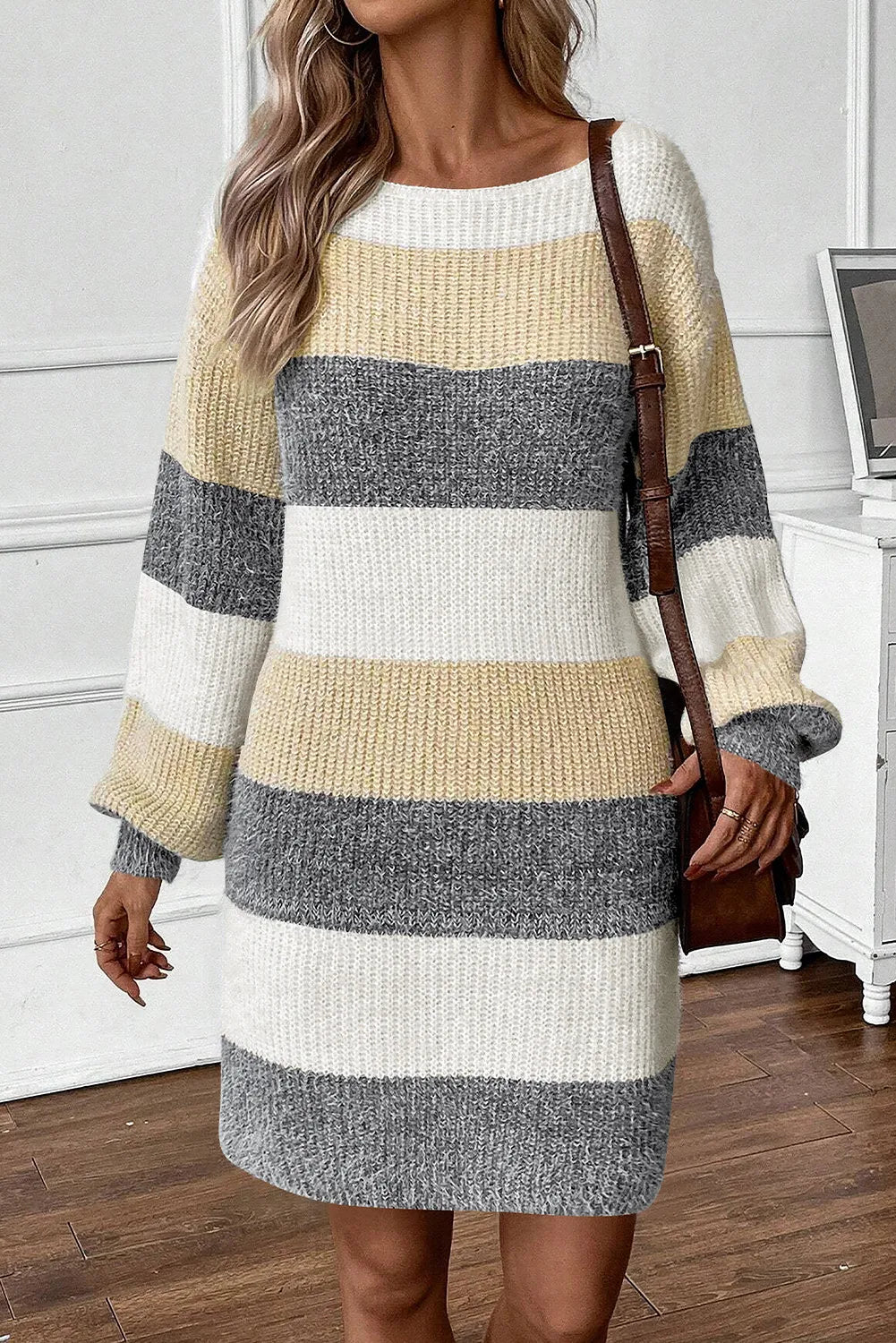 Color Block Boat Neck Long Sleeve Sweater Dress - felvior