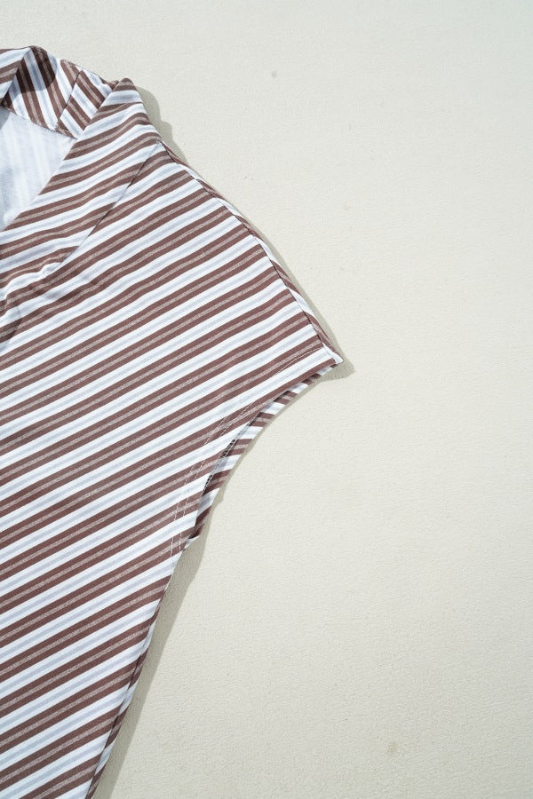 Striped V Neck Cap Sleeve Blouse - felvior