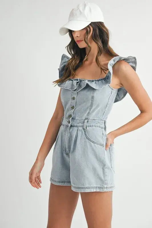 MABLE Off Shoulder Ruffle Detail Denim Romper