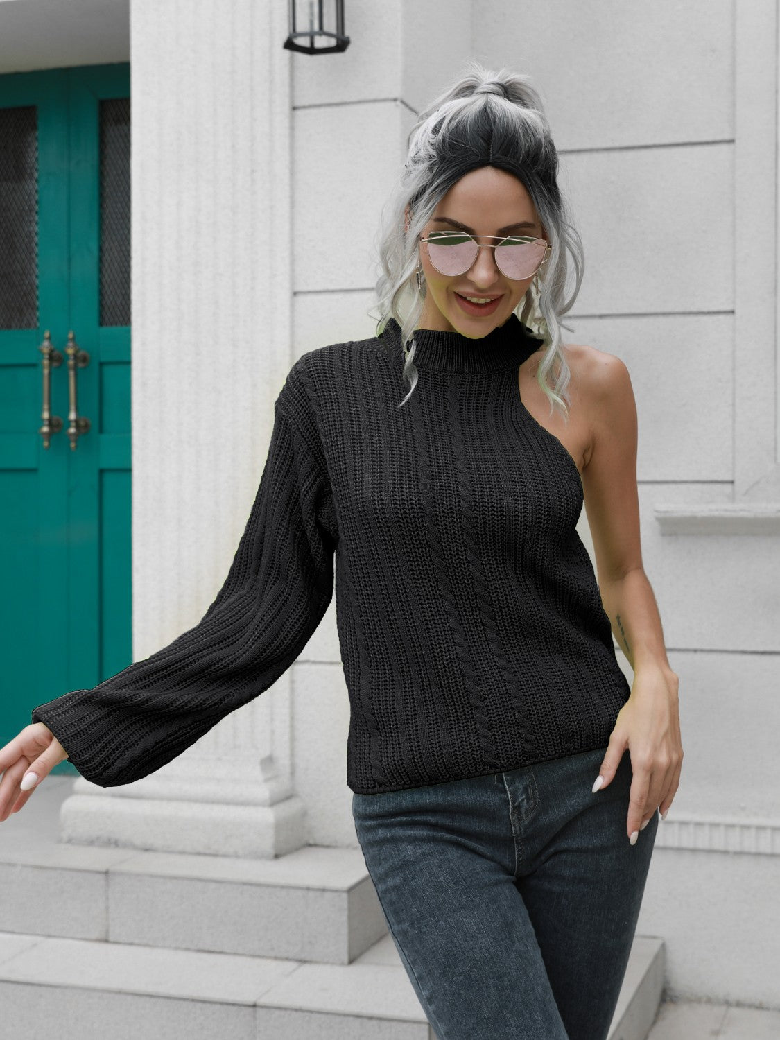 Cable-Knit Round Neck Asymmetrical Sweater - felvior