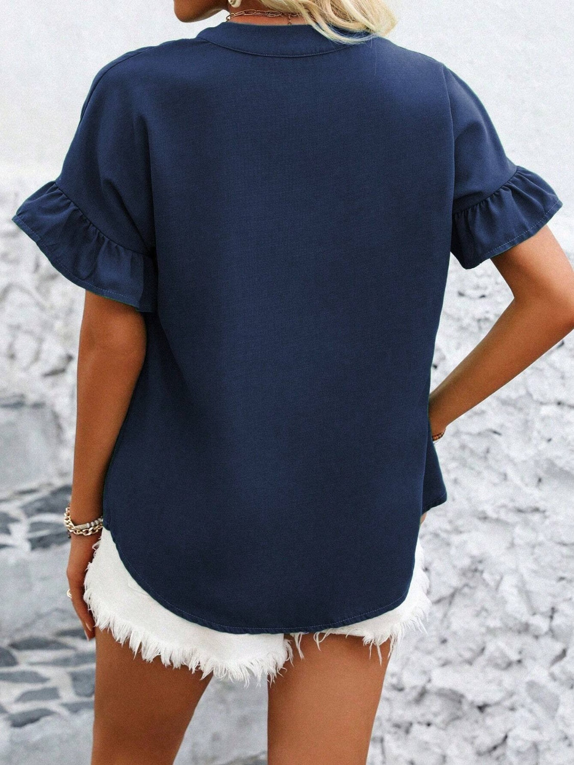 Button Down Ruffled Short Sleeve Shirt - felvior