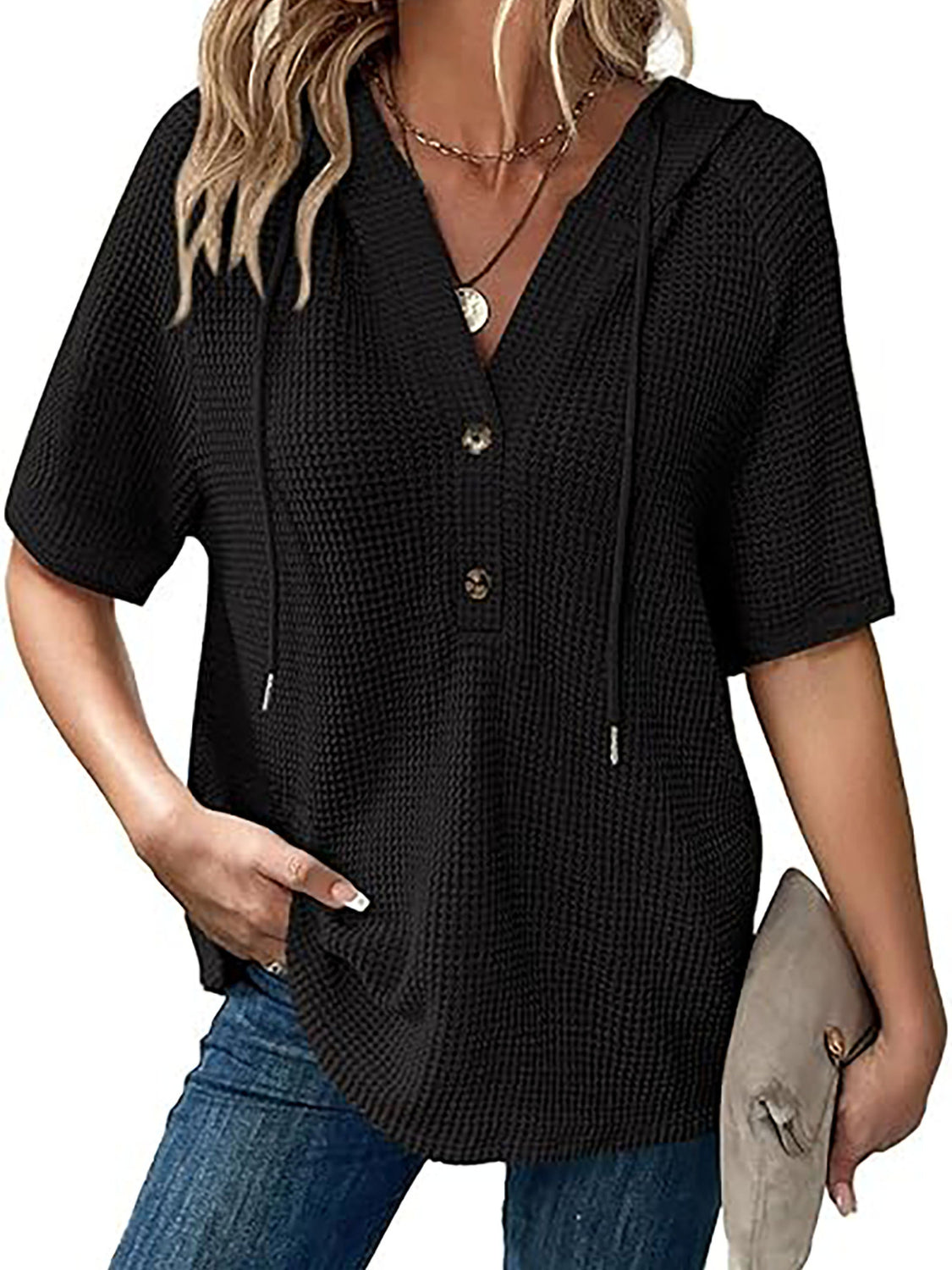 Waffle-Knit Hooded Short Sleeve Blouse - felvior