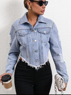 Distressed Raw Hem Button Up Denim Jacket