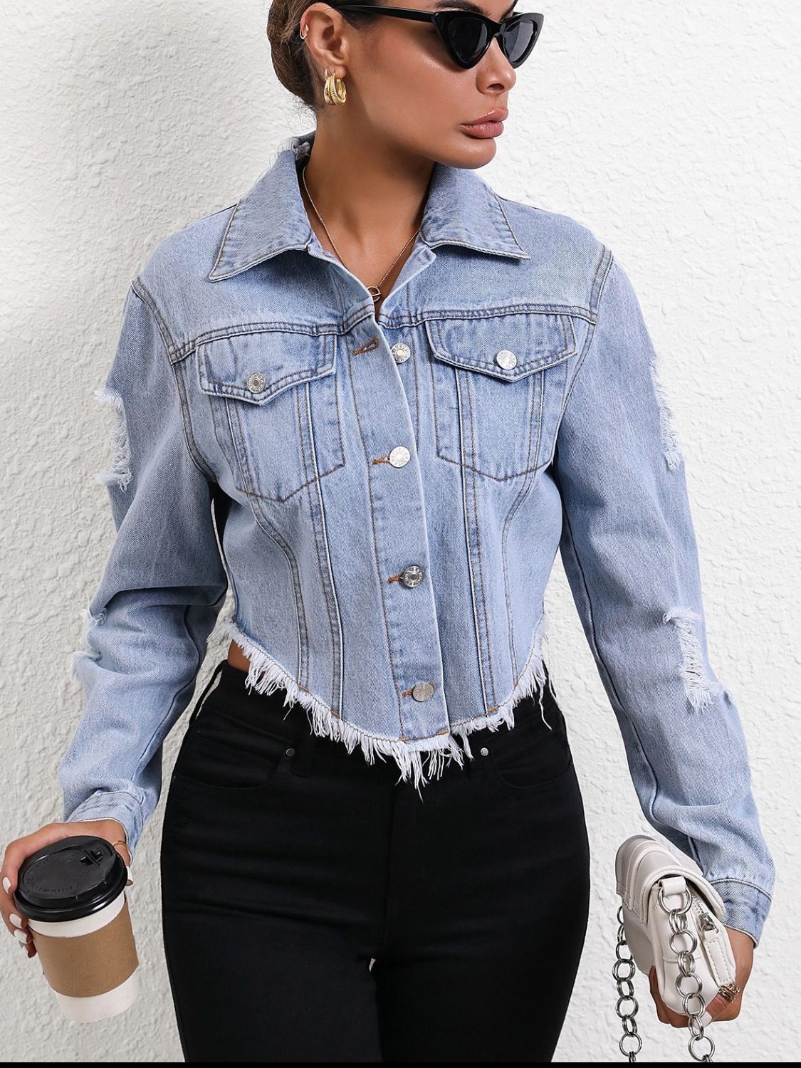 Distressed Raw Hem Button Up Denim Jacket