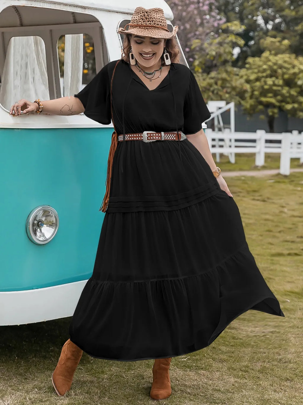 Plus Size Tie Neck Flutter Sleeve Dress