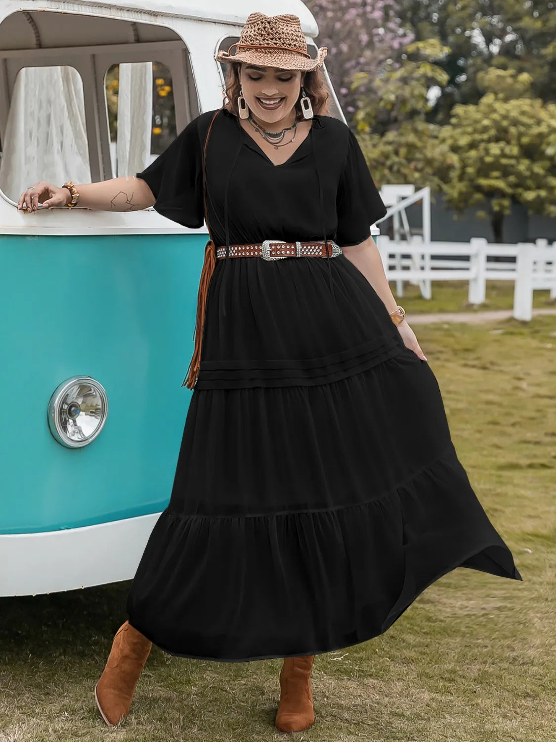 Plus Size Tie Neck Flutter Sleeve Dress