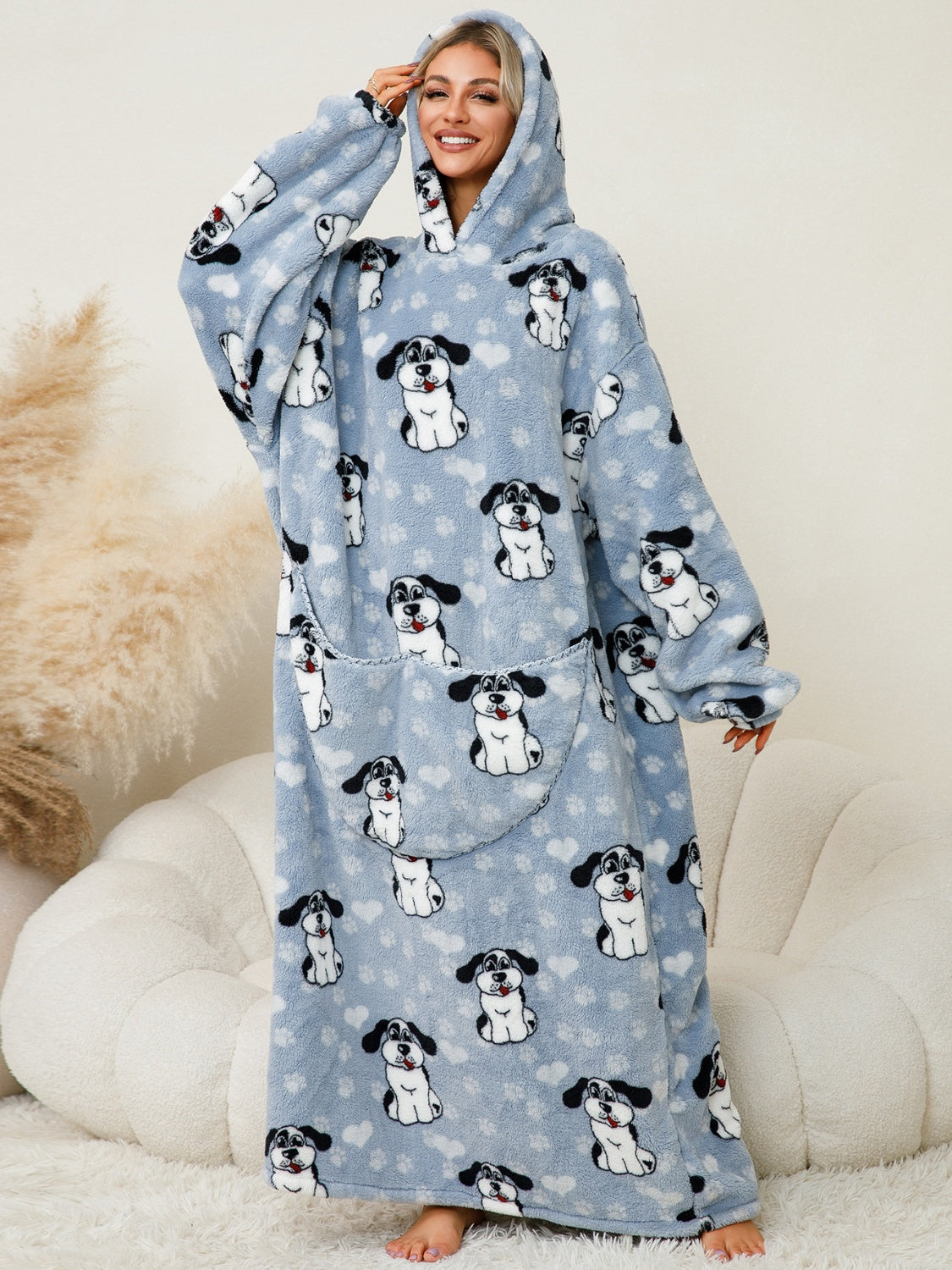 Fuzzy Pocketed Long Sleeve Hooded Lounge Dress - felvior