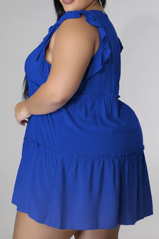 Plus Size V-Neck Frill Trim Mini Dress - felvior