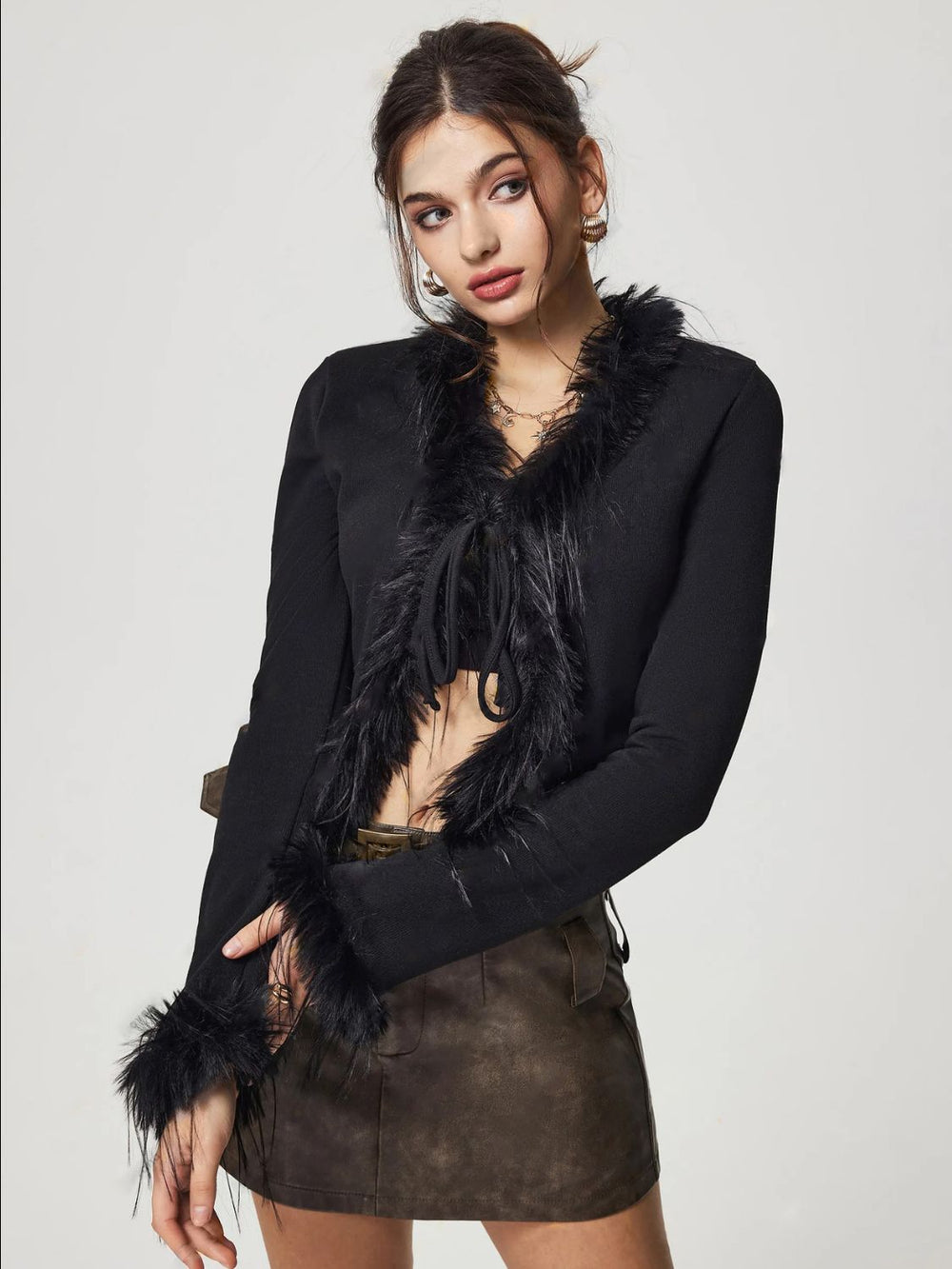 Tied Fuzzy Trim Long Sleeve Knit Cardigan - felvior